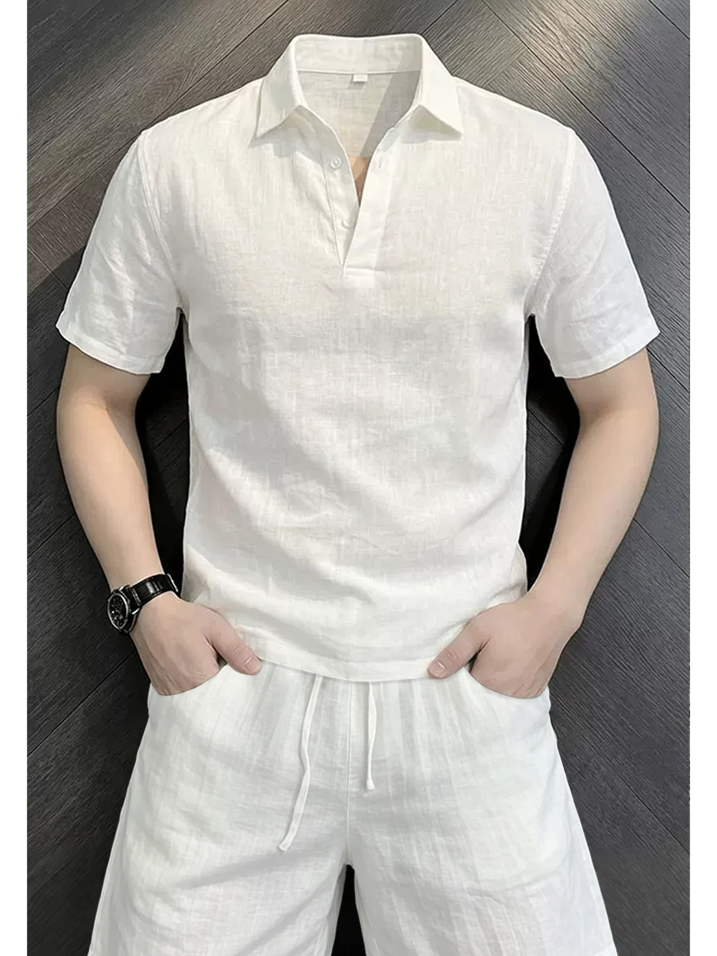 Linen Shirt Breathable - 화이트 린넨 반팔 셔츠 세트 남성