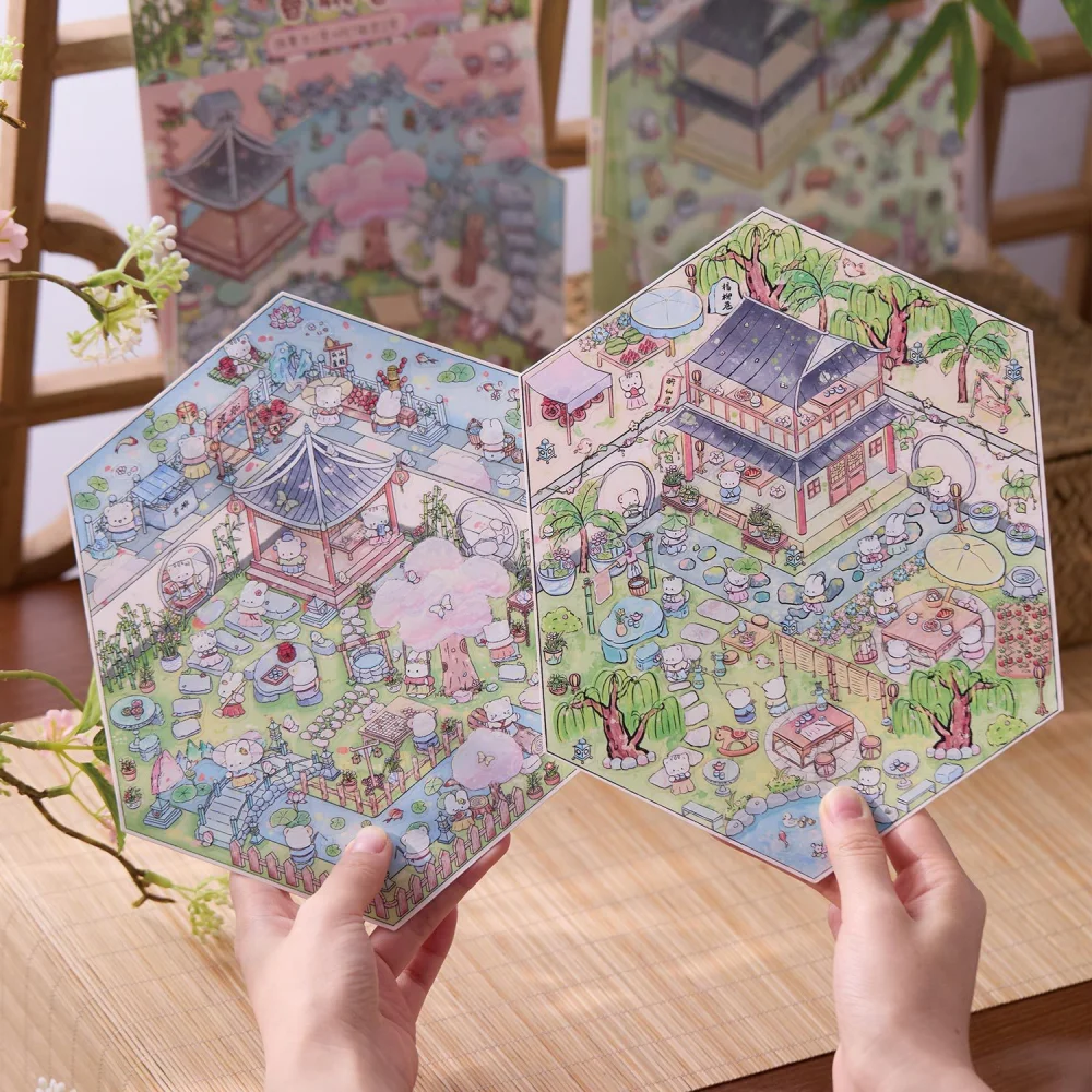 Card Lover 3 Pcs [Antique Series] Ancient Style 3D Stacked Cabin Tent Landscape Sticker Puzzle PET Material Scrapbook Kit