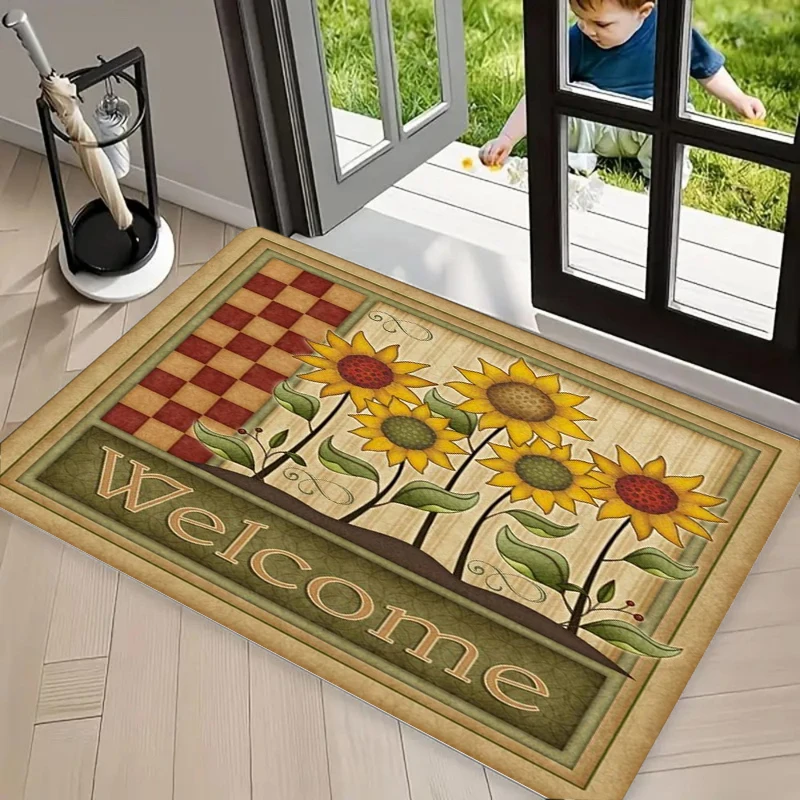 Willkommensmatte mit Retro-Sonnenblumen- und Holzmaserungsmuster, Fußmatte für Wohnzimmer, Schlafzimmer, Küchen, Büros, Heimdekoration, Sonnenblumen-Dekoration