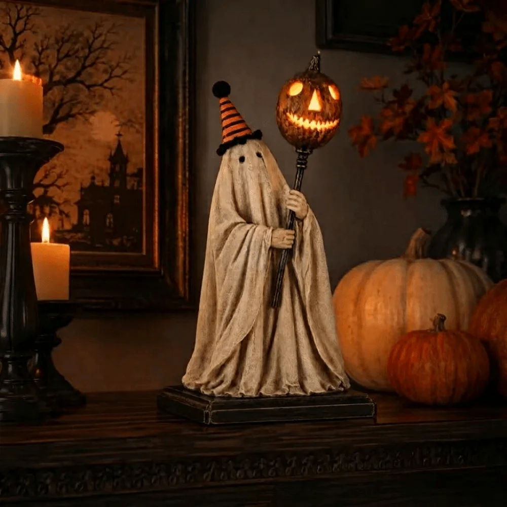New Vintage Ghost Figurine Scary Resin Pumpkin Ornament Unique Spooky Halloween Statue Party