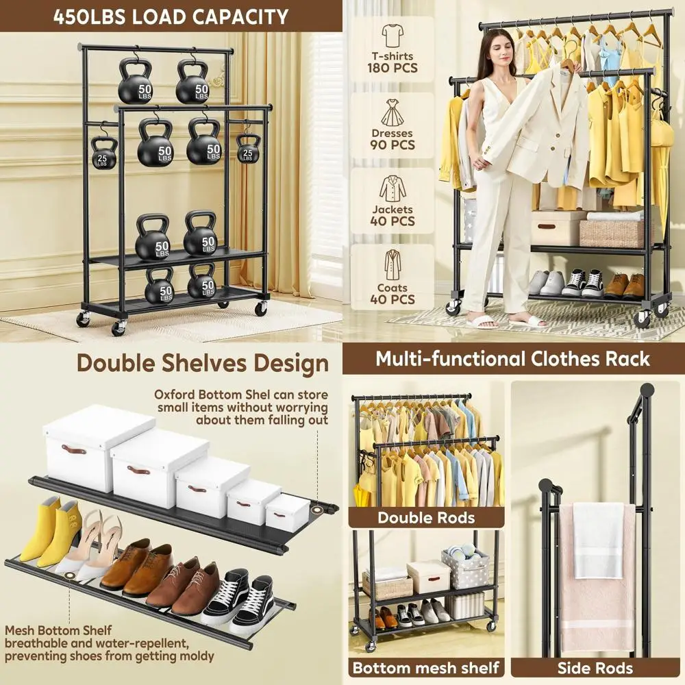 

Прочная металлическая вешалка для одежды с двойной перекладиной, блокируемыми колесами, 2 полками и боковыми крючками, черная