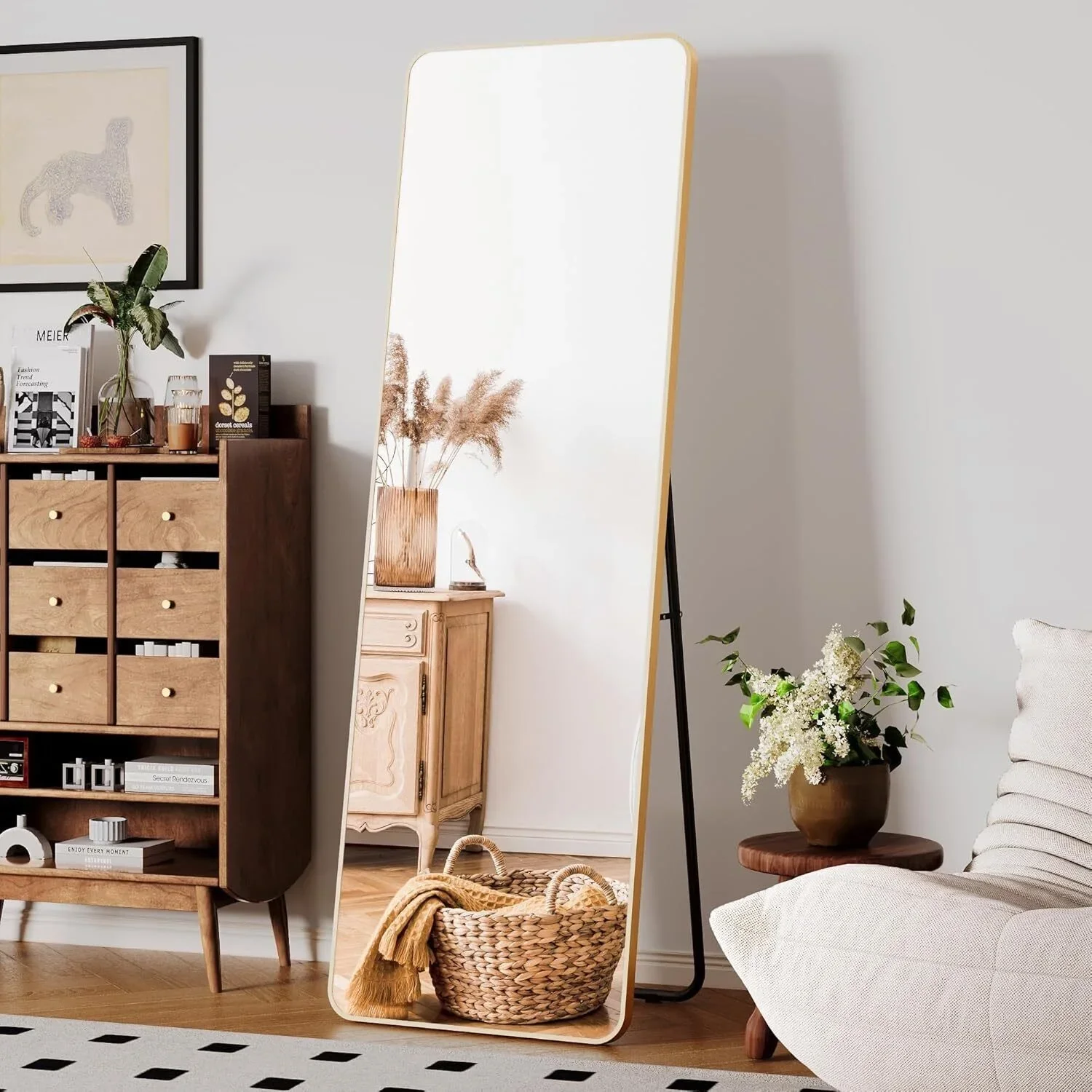 مرآة كاملة الطول 162 × 53 سم مرآة لكامل الجسم مستطيلة قائمة بذاتها مثبتة على الحائط مرايا أرضية معلقة، أسود/ذهبي #5