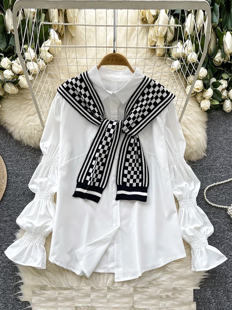 Women's Korean 2 Pieces Set Bubble Puff Sleeves Shirt Knitted Vest Striped Plaid Small Shawl Two-piece Set Tops Female TP014