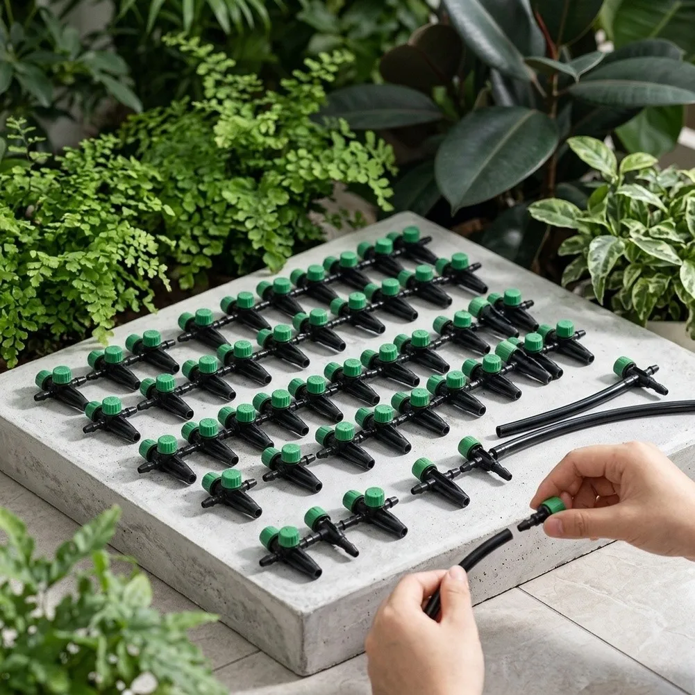 Adjustable 360 Degree Drip Emitters 50 Count with Built-in Single Barb and Removable Double Barb Adapters for Garden Use