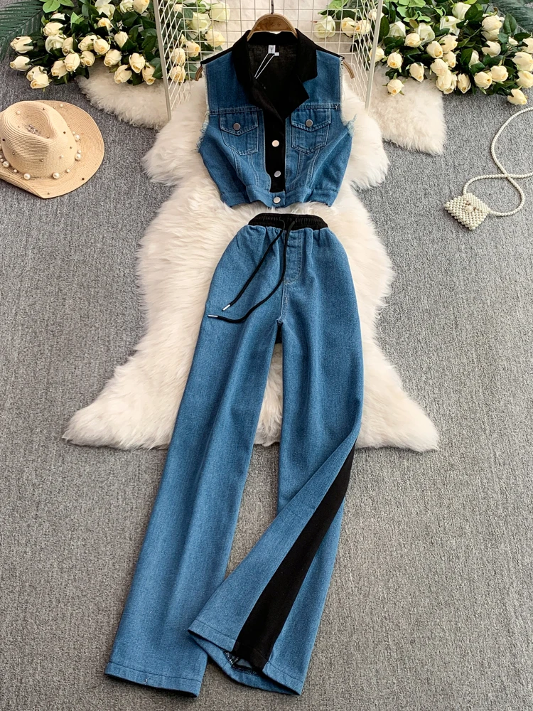 

Faionable Denim Set Women Summer Unique Color Blo Suit Collar Svel Tank Top High Waist Wide Leg Pants Two Piece Suit