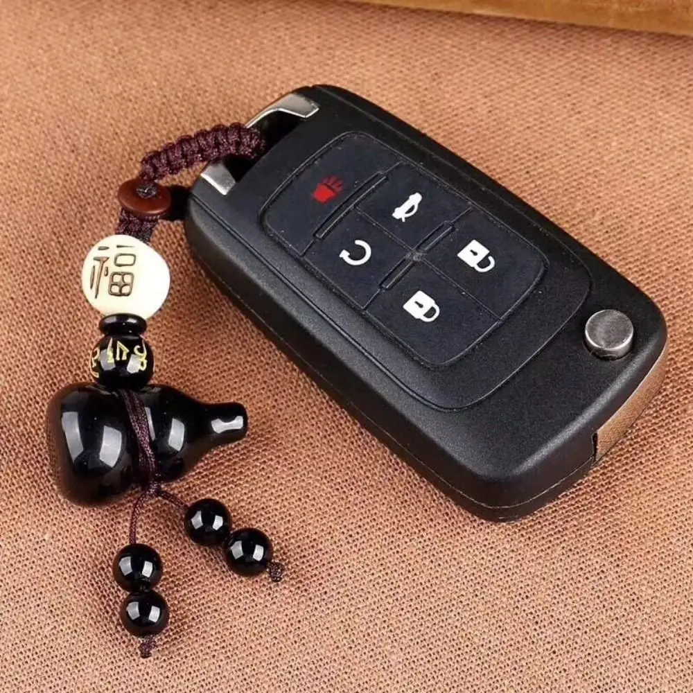 Natural Obsidian Gourd Pendant Keychain Weave Rope with Black Red Beads Bag Charms Good Fortune Anti-loss Car Key Ring