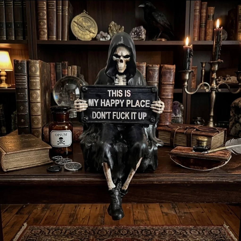 Gothic Grim Reaper Shelf Sitter Resin Statue Skeleton Hooded Cloak Edge Sitting Figurine Halloween Sculpture Desk Home Decor