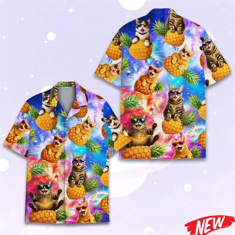 

Мужская гавайская рубашка с 3D-принтом тропических фруктов и ананасов, летняя, с коротким рукавом, быстросохнущая, свободного кроя, с отложным воротником