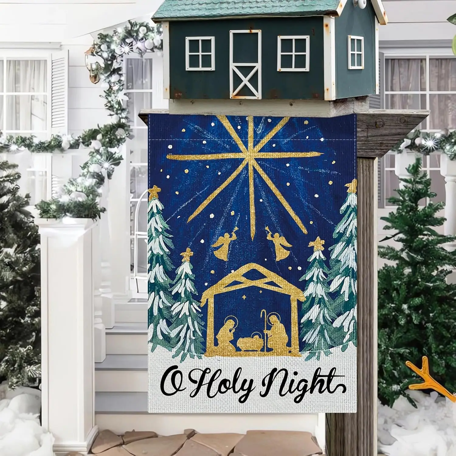 DLZDN O ليلة المقدسة حديقة العلم المهد حديقة العلم 12 × 18 بوصة مزدوجة الوجهين العمودي الخيش مزرعة ساحة العلم عيد الميلاد إعادة FFI