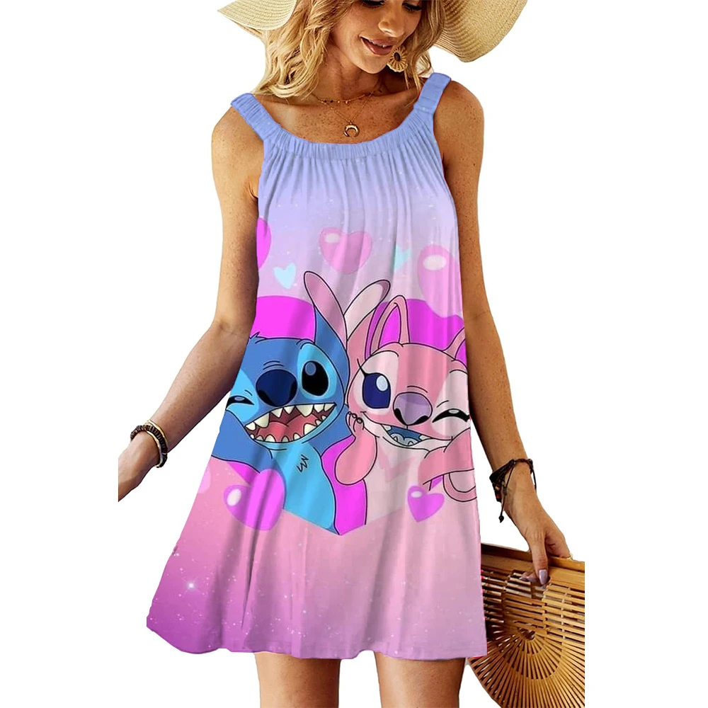 Beach Dress Y2k Loose Elegant Dresses for Women 2025 Party Cartoon Sexy Woman Clothes Robe Stitch Sling Sleeveless Printed Boho