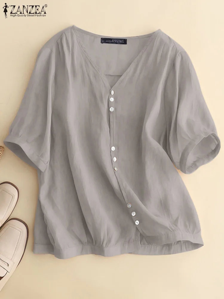 ZANZEA Summer Fashion Pleated Shirt Woman Half Sleeve V-Neck Blouse Female Casual Cotton Tunic Tops Elegant OL Work Chemise 2023