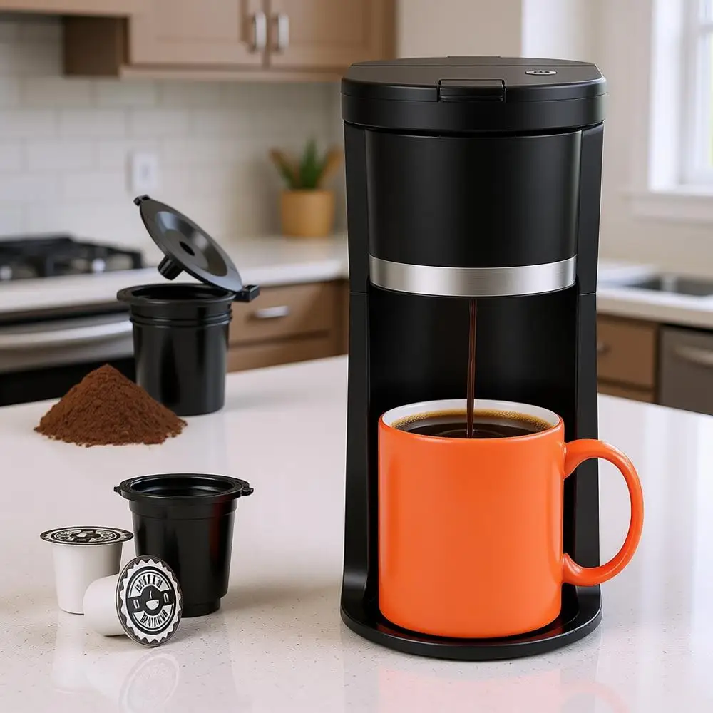 

Single Serve Coffee Maker, Brew One Cup, K Cup and Grounds, 6-12 oz Sizes, Detachable Carafe, Descaling Reminder