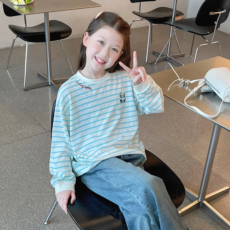 

Girls' Stylish Striped Embroidered Long Sleeve Sweatshirt Children's Inner WeartT-shirt for Big Kids Base Shirt2025New Spring an