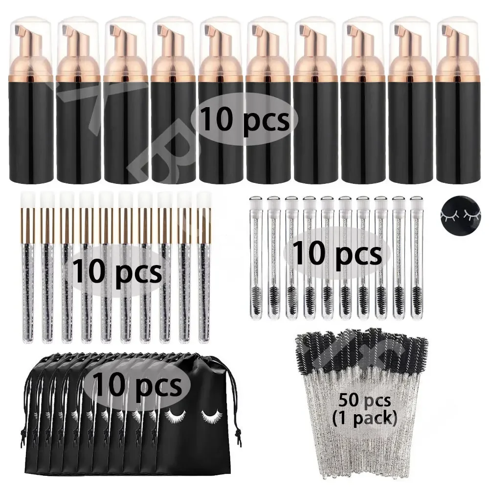 Black Eyelash Cleaning Kit 60ml Empty Plastic Foam Pump Bottle Long Rod Cleaning Brush Eyelash Stick Storage Bag Skin Care Tool