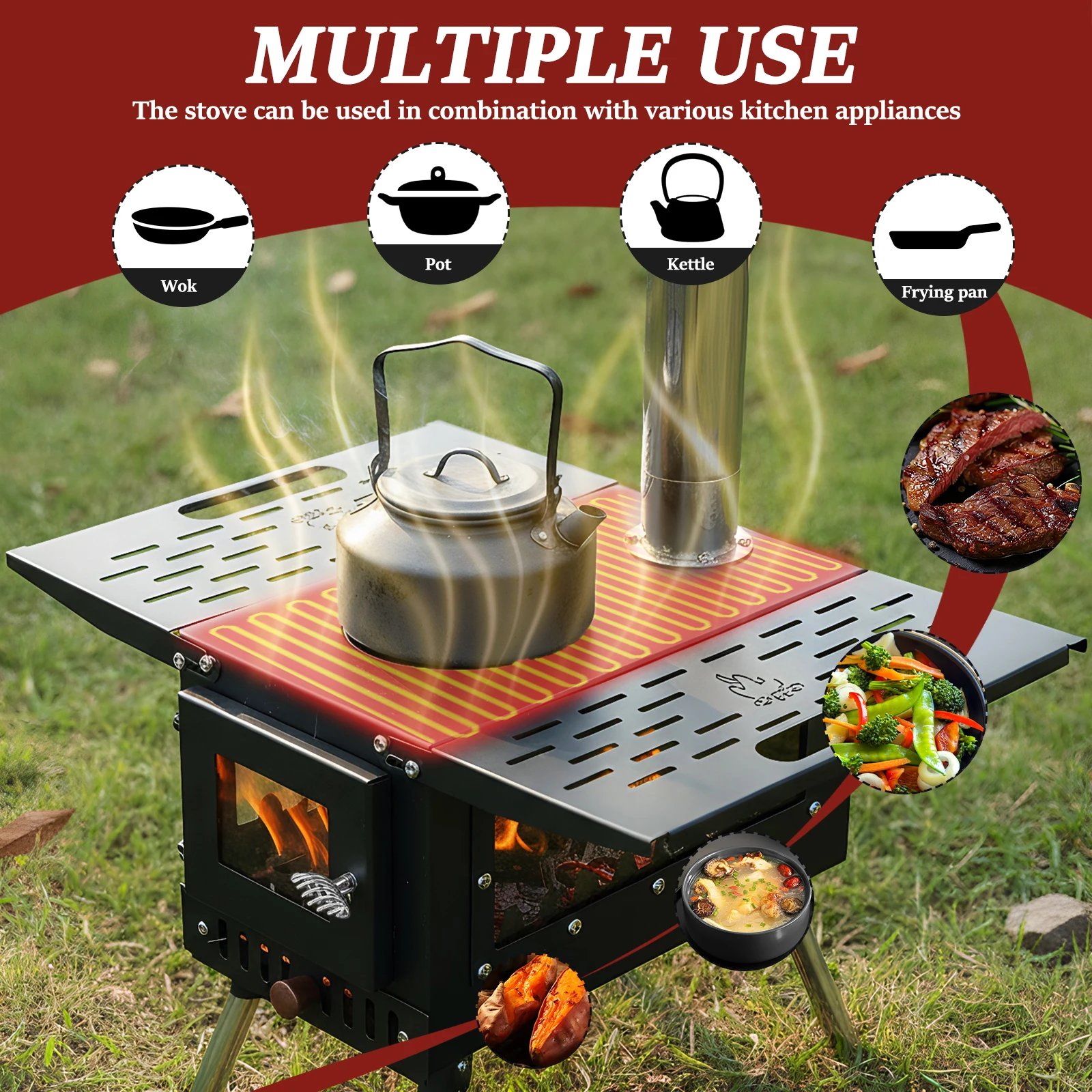 

Печь для палатки из нержавеющей стали с дымоходом для обогрева и приготовления пищи на открытом воздухе, для зимней рыбалки и охоты