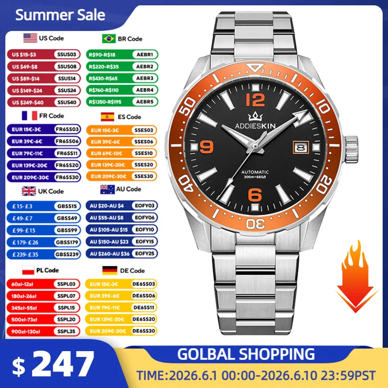 

AddiesKin Men's Luxury Automatic Mechanical Watch Sapphire Crystal Luminous Wristwatch 316L Steel 200m Waterproof Diver Watches