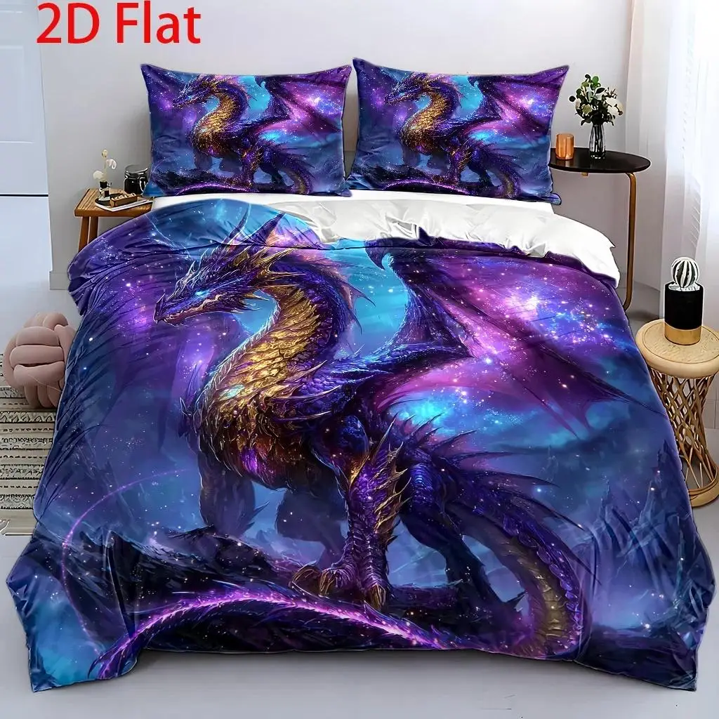 3Pcs Duvet Cover Set, 1Pc Duvet Cover and 2Pcs Pillowcases (No Filling) 2D Flat Printing, Duvet Cover Set, Purple Dragon Theme P
