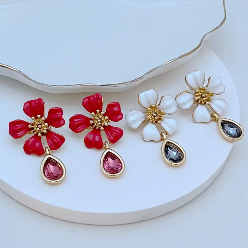 

New Style Fashionable Light Luxurious Temperament Waterdrop Rhinestone Enamel Glaze Inlaid with Flowers Exquisite Ear Pendants