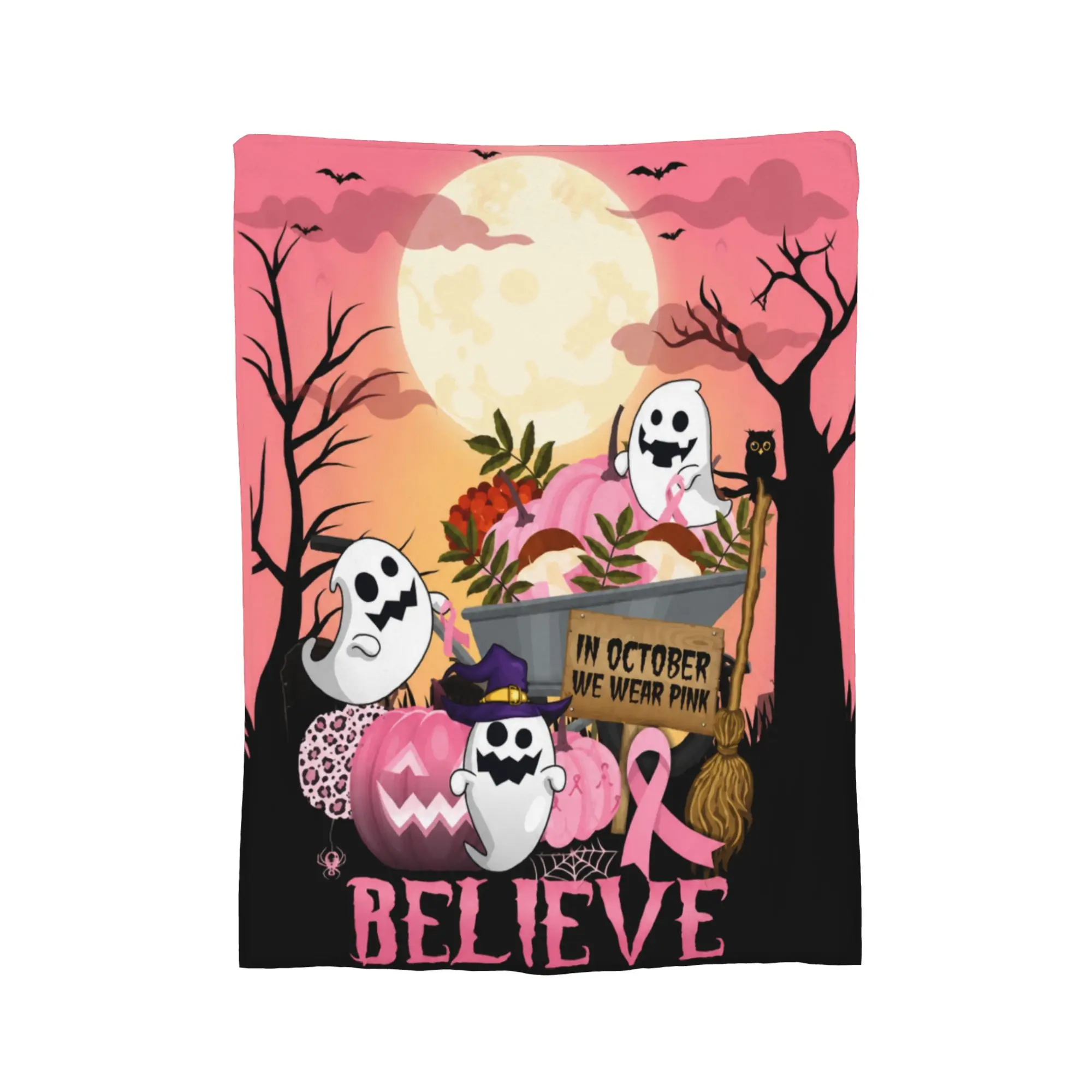 Breast Cancer Awareness Halloween October PinkRibbon Believe Blankets Flannel All Season Throw Blanket for Home Office Bedspread