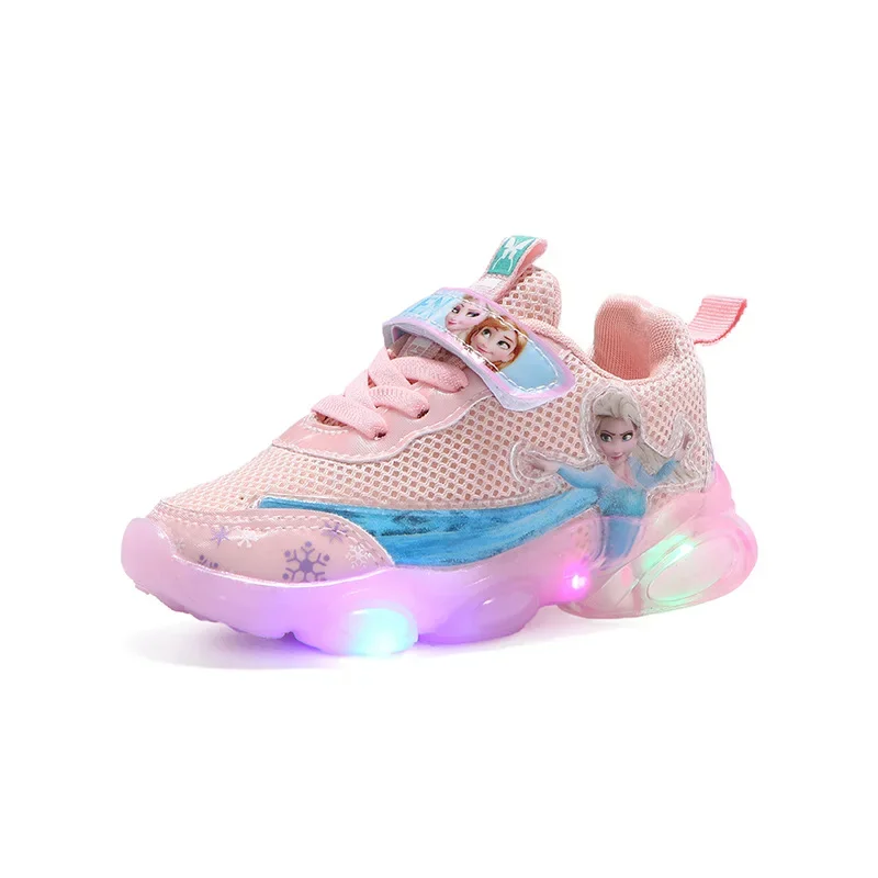 Disney LED Casual Sneakers per ragazze estive Frozen Elsa Princess Print Mesh scarpe traspiranti scarpe antiscivolo illuminate per bambini