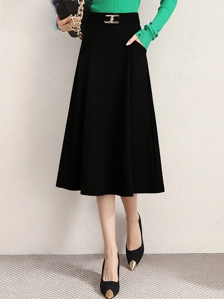 High Waist A-Line Midi Skirt Coffee Color Casual Commute Women's Fashion Spring New Style FX．＆Mongyi Brand City Commute Polye...