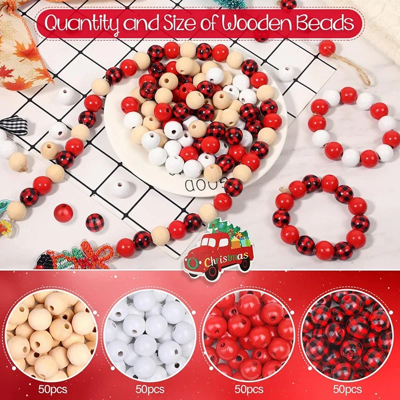 200PCS Christmas Wooden Beads For Crafts, 16Mm Wood Beads With Holes For Garland Jewelry Making Party Holiday Decor Durable