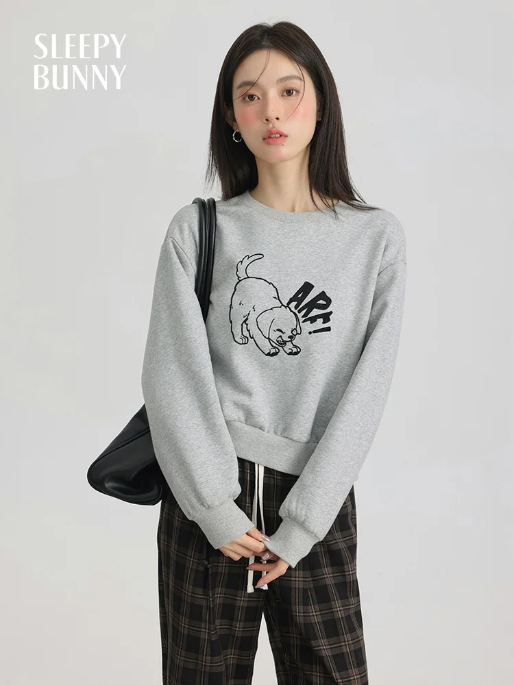 

Casual Gray Printed Hoodie for Women Spring Pullover Sweatshirt Loose Drop Shoulder Short Top Comfy Youthful Layering Outfit