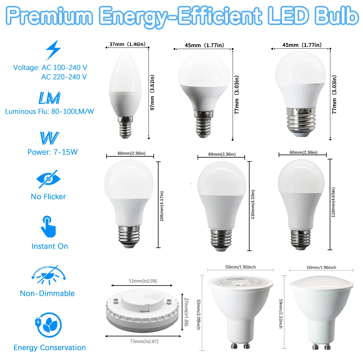 50PCS High-Quality LED Bulb GU10 A60 GX53 G45 Ra80+ 7W 9W 15W 12W  100V 220V 240V Warm Lighting 3000K 4000K 6000K for Home