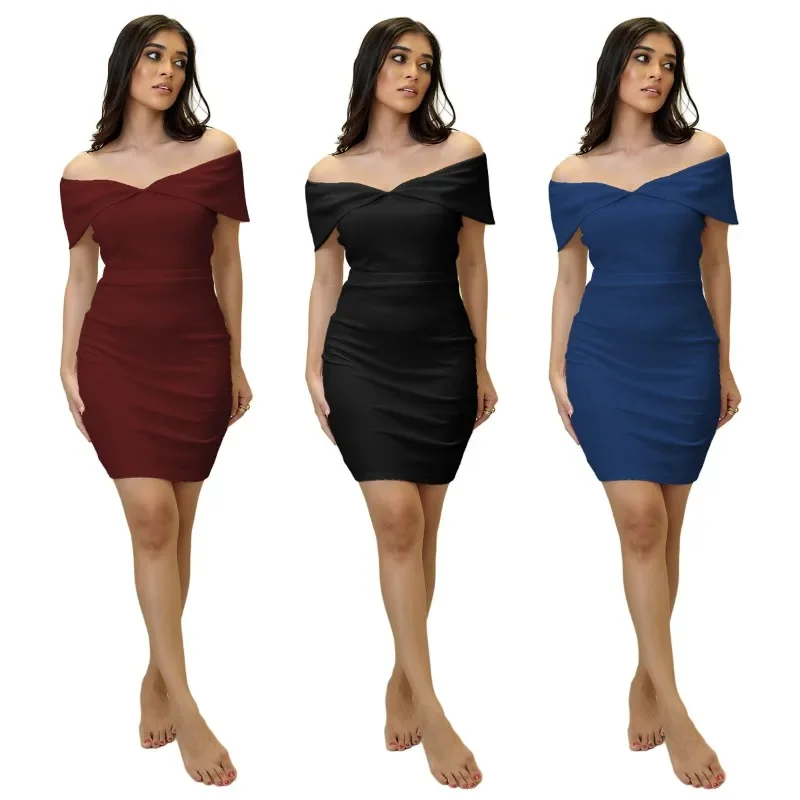 Summer Woman Dress V Neck Short Sleeve High Waist Dresses Off Shoulder Dress Black Mini Dress Women's Casual Wrap Front Form