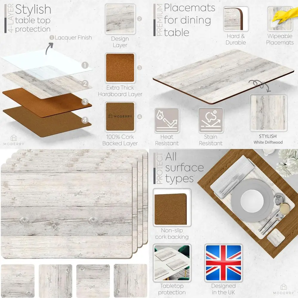 

Heat-Resistant Cork Placemats Set of 4 with Matching Drink Coasters, 16x12 Inches, White Hardwood Print Design