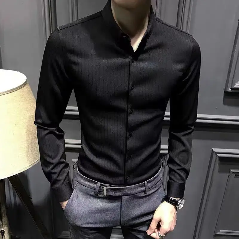 

2024 Spring Hind Striped Long Sleeve Shirts Men Korean Slim Tops Business Blouses Male Street Famous Social Party Shirts N340