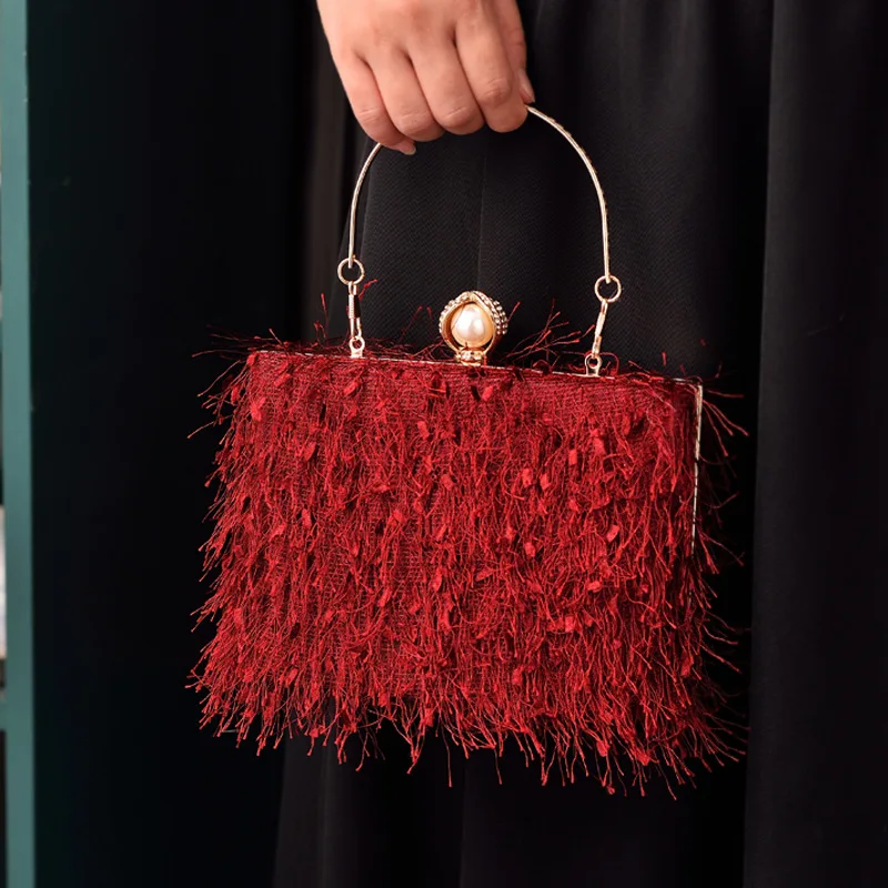 Bolso de mano elegante con borlas de Color sólido para mujer, bolso de noche con perla, fiesta de boda, bolsos blancos esponjosos con cadena cruzada