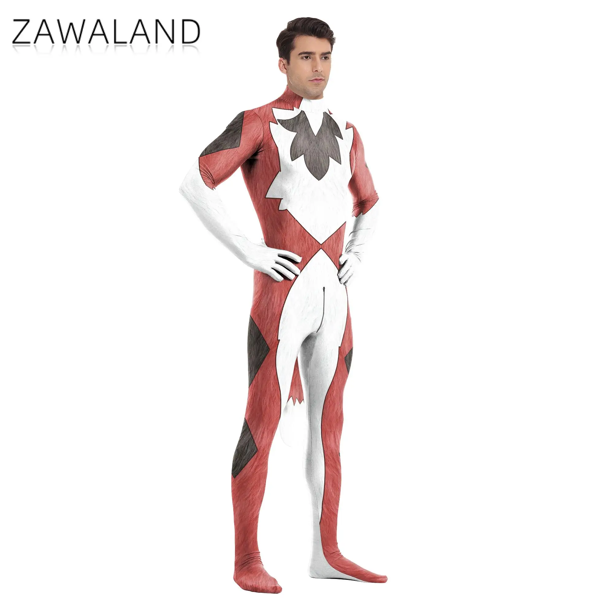 Zawaland ฮาโลวีนเครื่องแต่งกายคอสเพลย์ Fox 3D พิมพ์สัตว์ Zentai บอดี้สูทผู้ใหญ่ผู้ชาย Carnival Party Catsuit Jumpsuits
