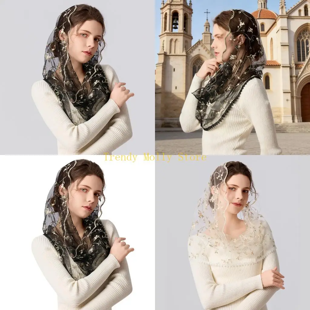 

N5KB Elegant Floral Embroidered Spanish Headscarf Soft Polyester Stage Execution Headpiece For Women And Girls