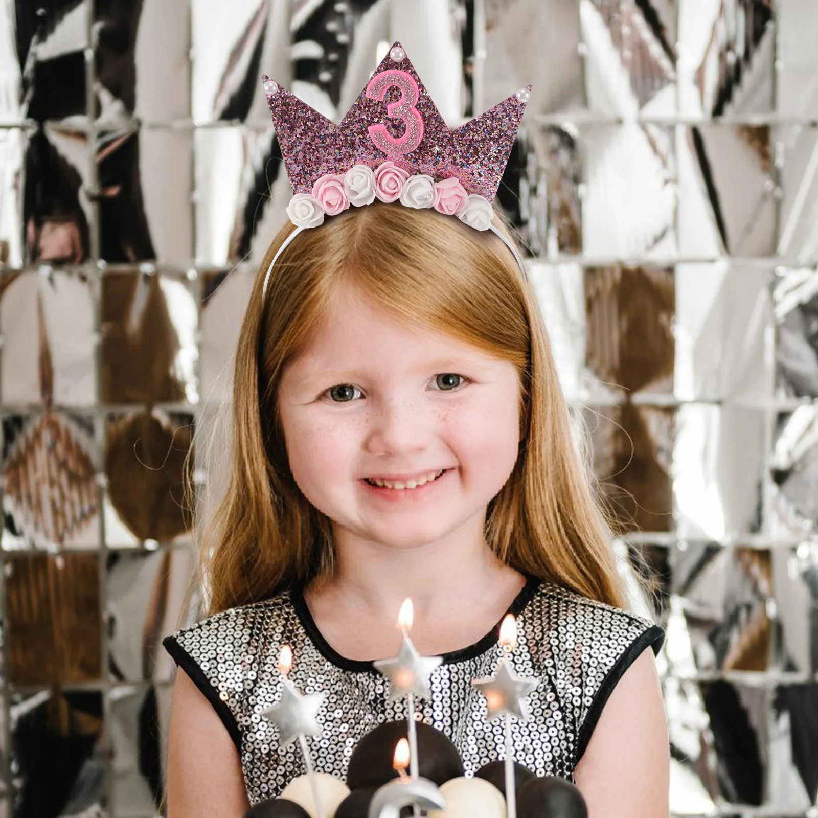 

1Set Birthday Hair Accessories Girl Pink Sash Glitter Tiara Crown 3rd Birthday Party Headband Set Celebration Outfit