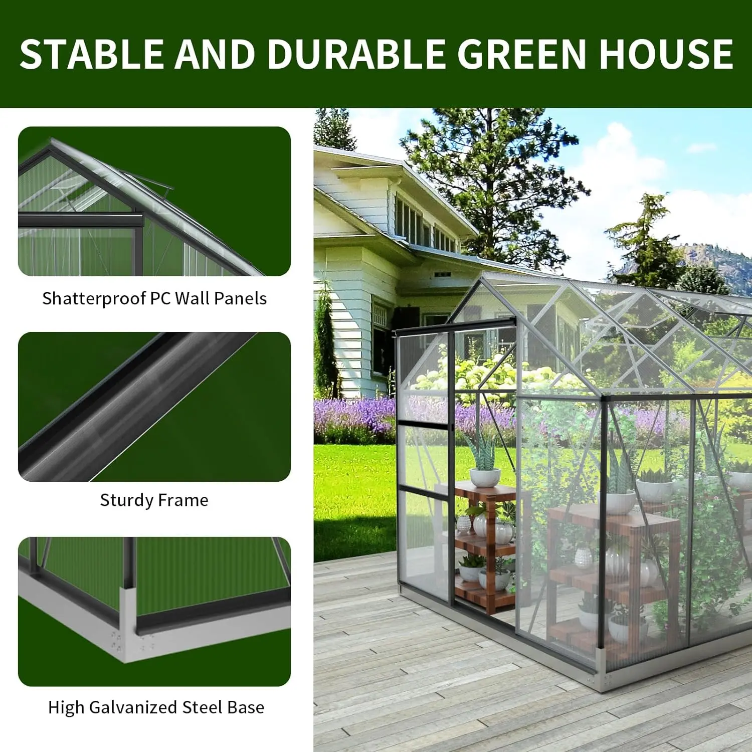 Polycarbonate Greenhouses 6x12 FT Green Houses for Outside with Adjustable Roof Vent Walk-in Aluminum Frame Greenhouse with