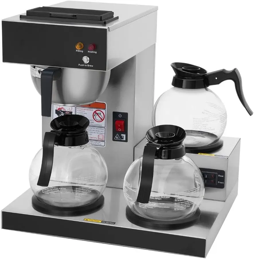 Commercial Coffee Maker, Pour Over Drip Coffee Maker Brewer with 3 Lower Warmers and 3 Glass Decanters, Stainless Steel