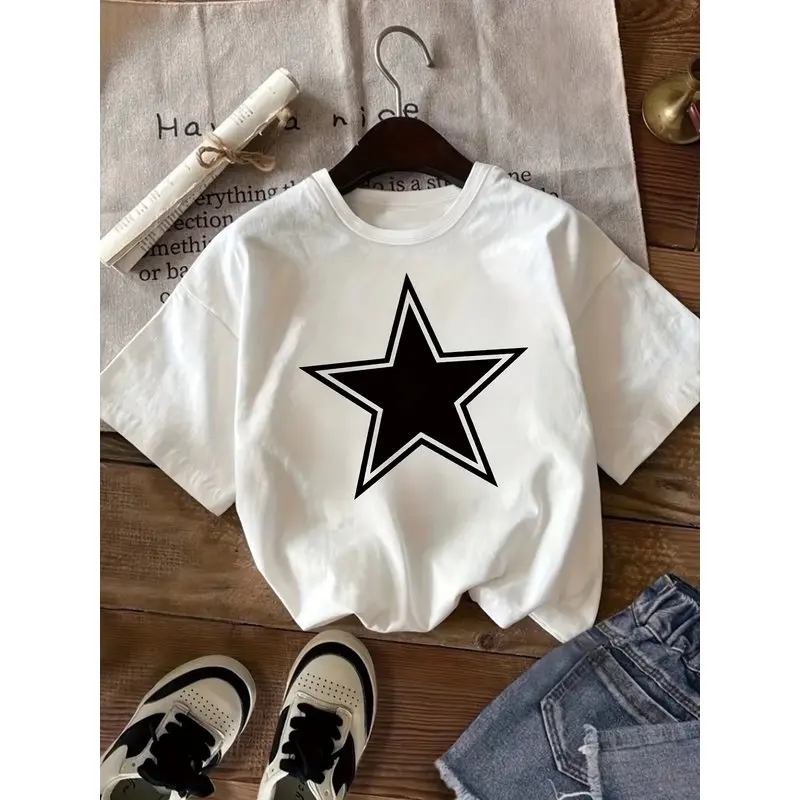 Kids Black Star Graphic T-Shirt, Soft Cotton, Minimalist Casual Wear for Boys & Girlsdf0105