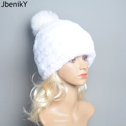 New Luxury Knitted Real Genuine Fox Fur Hats Women Beanies Solid Rex Rabbit Fur Caps Winter Lady Party Fashion Fur Hat Skullies