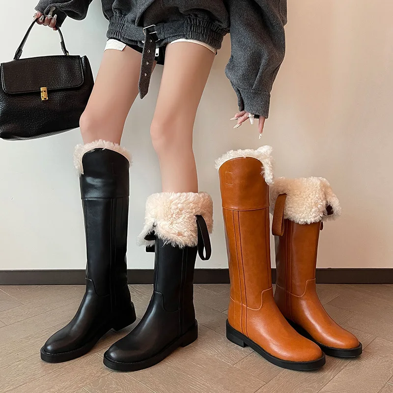 2025 New Plush Lamb Wool High End Snow Boots for Women, Thick Heel Warm Knee Over Long Boots, Brown Fashion Commuter Boots