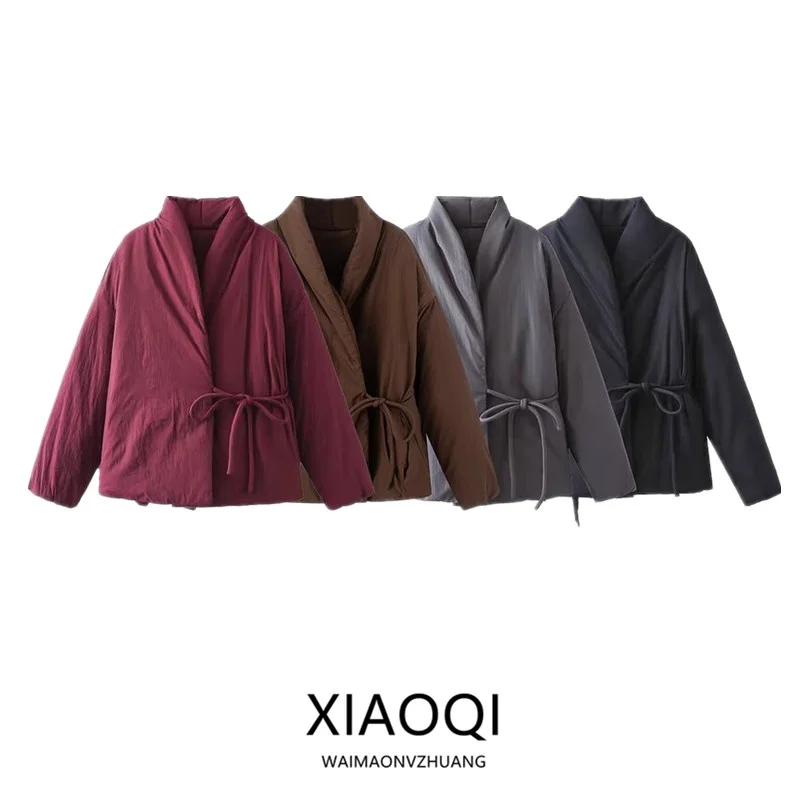 Winter New Women's Cotton Kimono Style Double Lapel Versatile Design Coat 2024 Commute Loose Fit Long Sleeve Regular Length