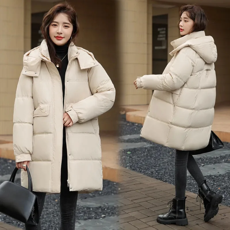 New Winter Women Medium Long Jacket Parkas Female Down Cotton Jackets Solid Hooded Casual Warm Parka Female Outwear Overcoat