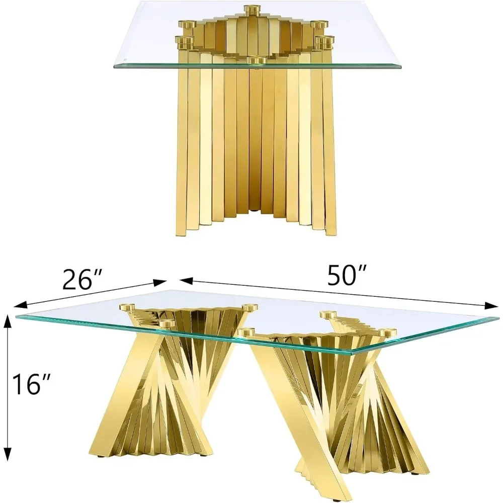 Mesa rectangular de vidrio transparente para sala de estar, mesa de café con Base de acero inoxidable dorada hermosa, 50"