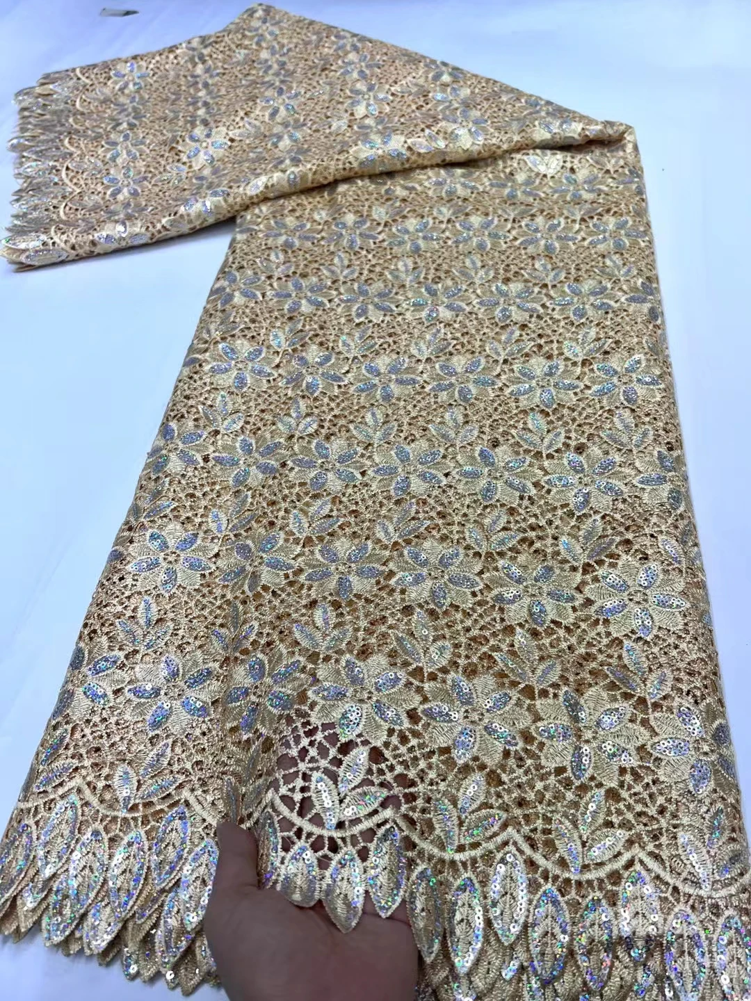 Latest Black Sequins Water Soluble Nigeria Lace Fabric 2024 High Quality African Guipure Cord Lace Fabric For Dress Sew KHD24178