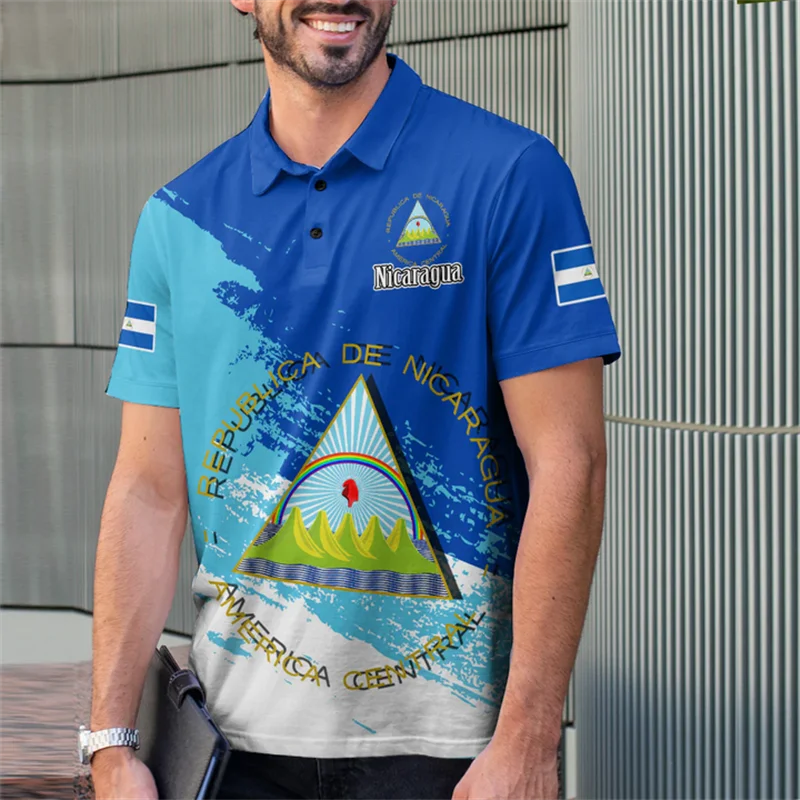 Men's Nicaragua Flag Polo Shirts Summer NI 3d Printing T Shirt Casual Short Sleeve Tops Daily Casual Lapel Oversized POLO Shirt