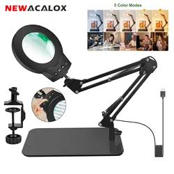 5X Magnifying Lamp with Stand&Clamp and 5 Mode Stepless Dimmable Adjustable Swing Arm LED Lighted Desk Lamp Hands Free Magnifier