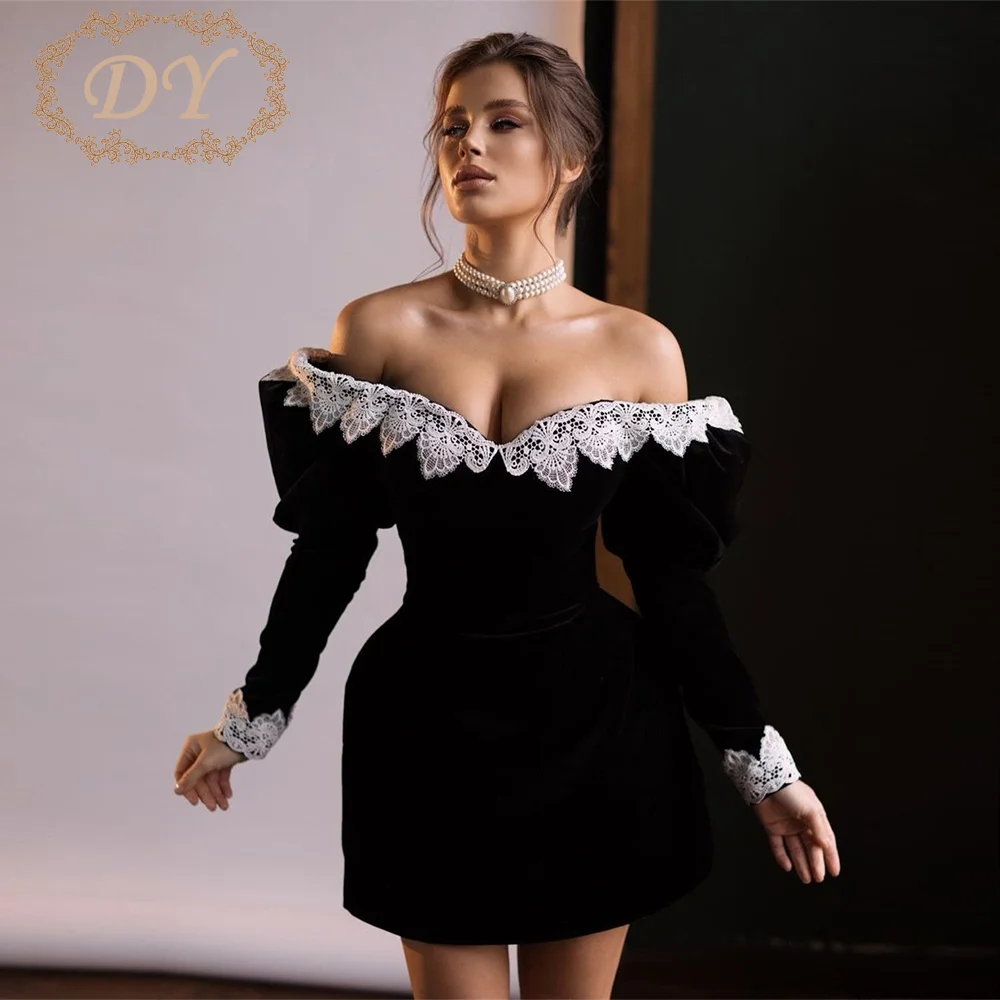 

DY Vintage Black Velvet Ivory Appliques Short Prom Dresses A-Line Mini Robes De Soirée Off Shoulder Long Sleeves Customized