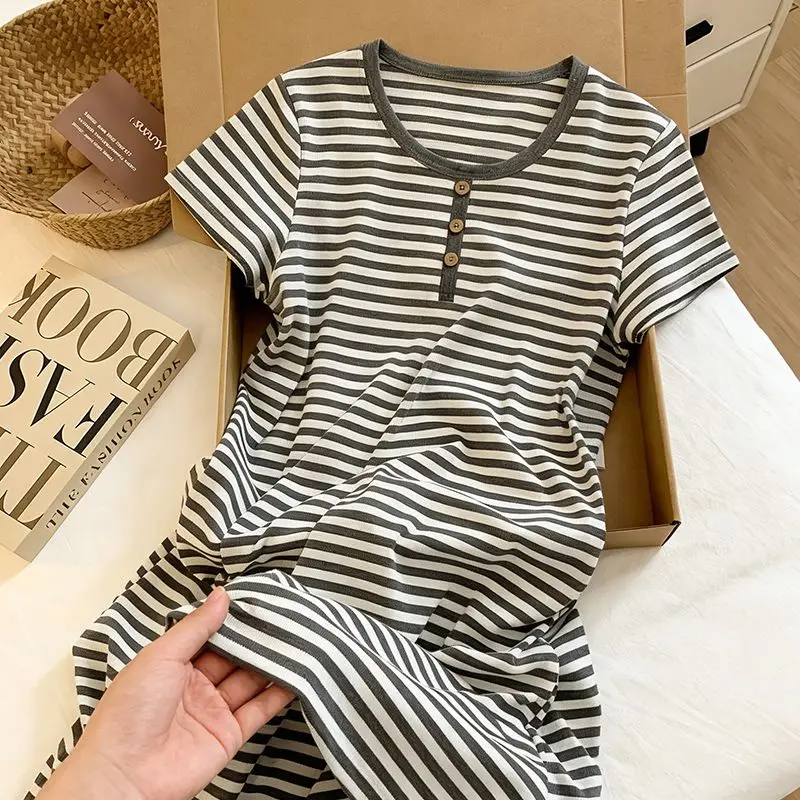 

2026 Summer Short Sleeve Casual Striped lingerie Nightgowns for Women Korean Loose Sleepwear Nightdress Night Dress Home Nighty