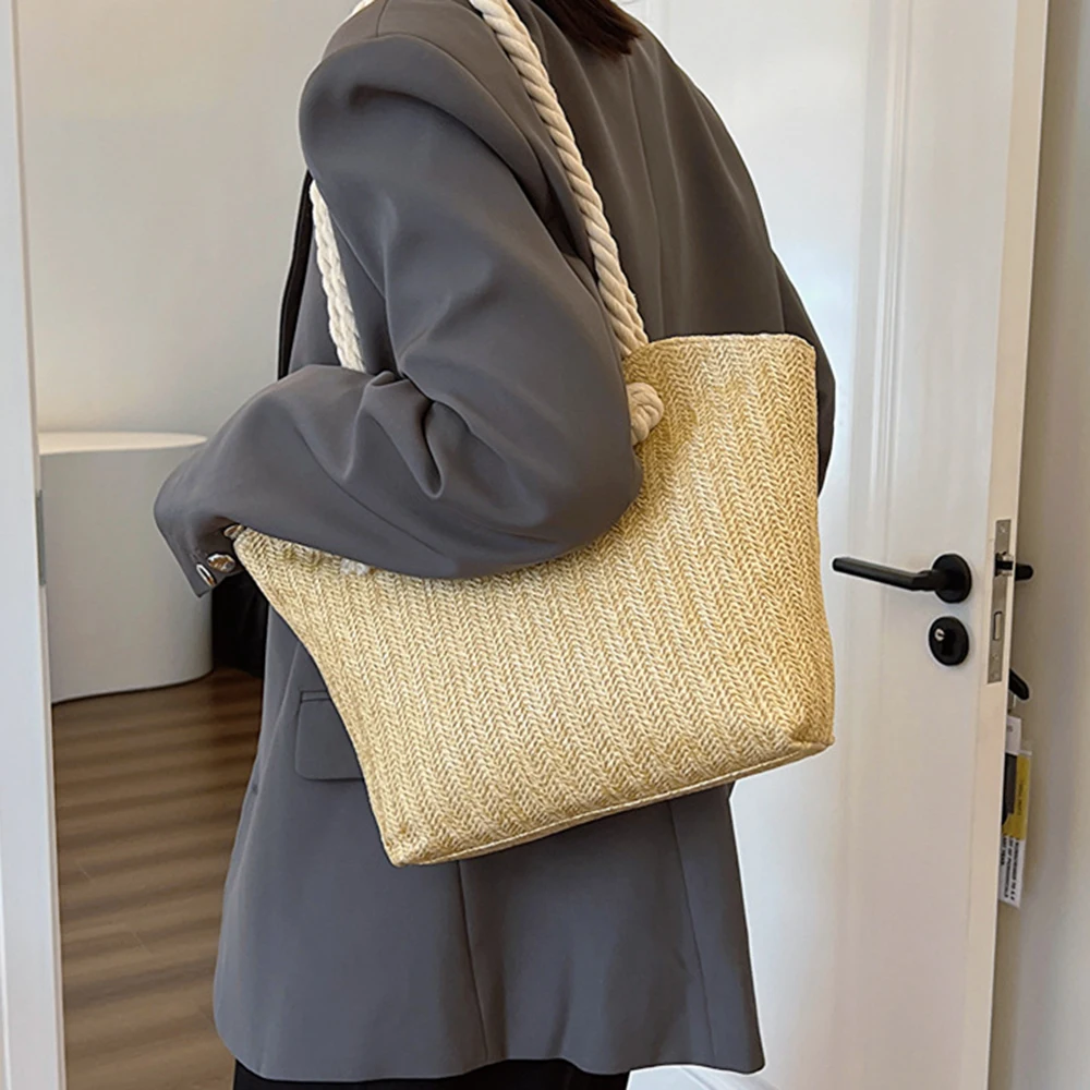

Elegant Women Straw Tote Bag Solid Color Bohemian Casual Beach Handbag Large Capacity Spacious Underarm Shoulder Bag Travel