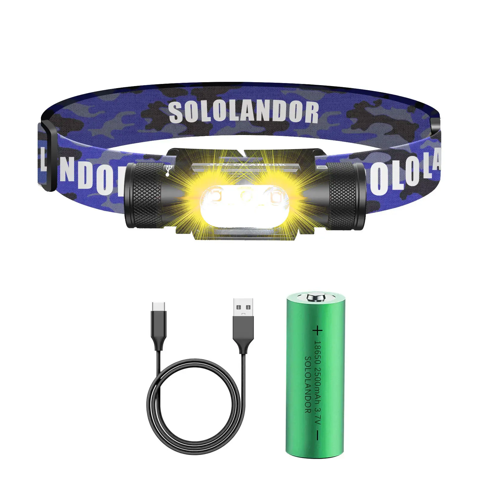 

SOLOLANDOR White Yellow LED Outdoor exploration lighting flashlight USB rechargeable flashlight 18650 Battery